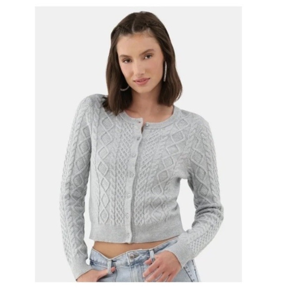 No Boundaries LIGHT GRAY HEATHER Cable Knit Button Up Cardigan Sz XXL